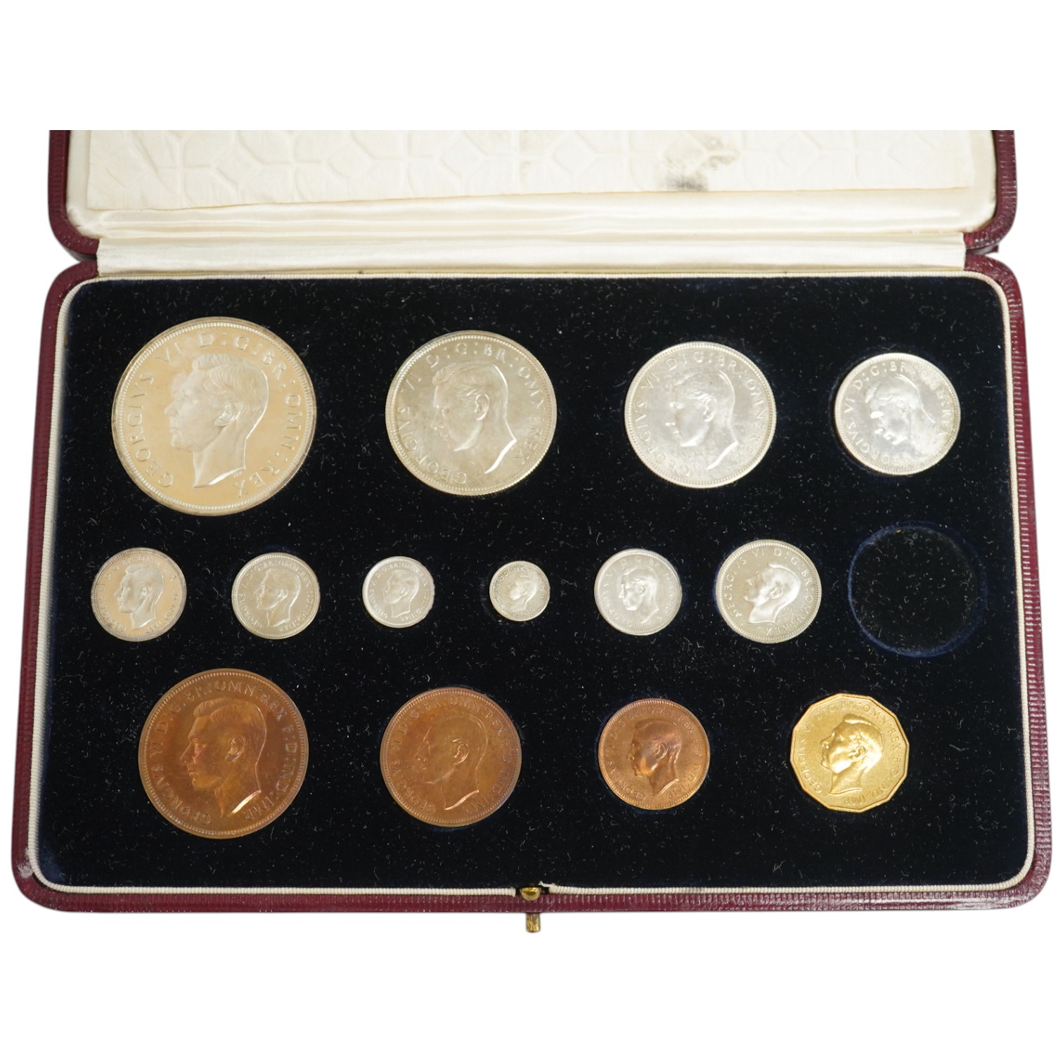 British coins, George VI, specimen coronation coin set, 1937, comprising farthing to crown, Maundy 1d - 4d (14 of 15, one shilling lacking), white residue to some coins otherwise proof like UNC